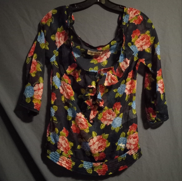 EUC Navy & Pink Abercrombie  3 button ruffle Kids Floral Blouse- Girls L - Picture 3 of 12
